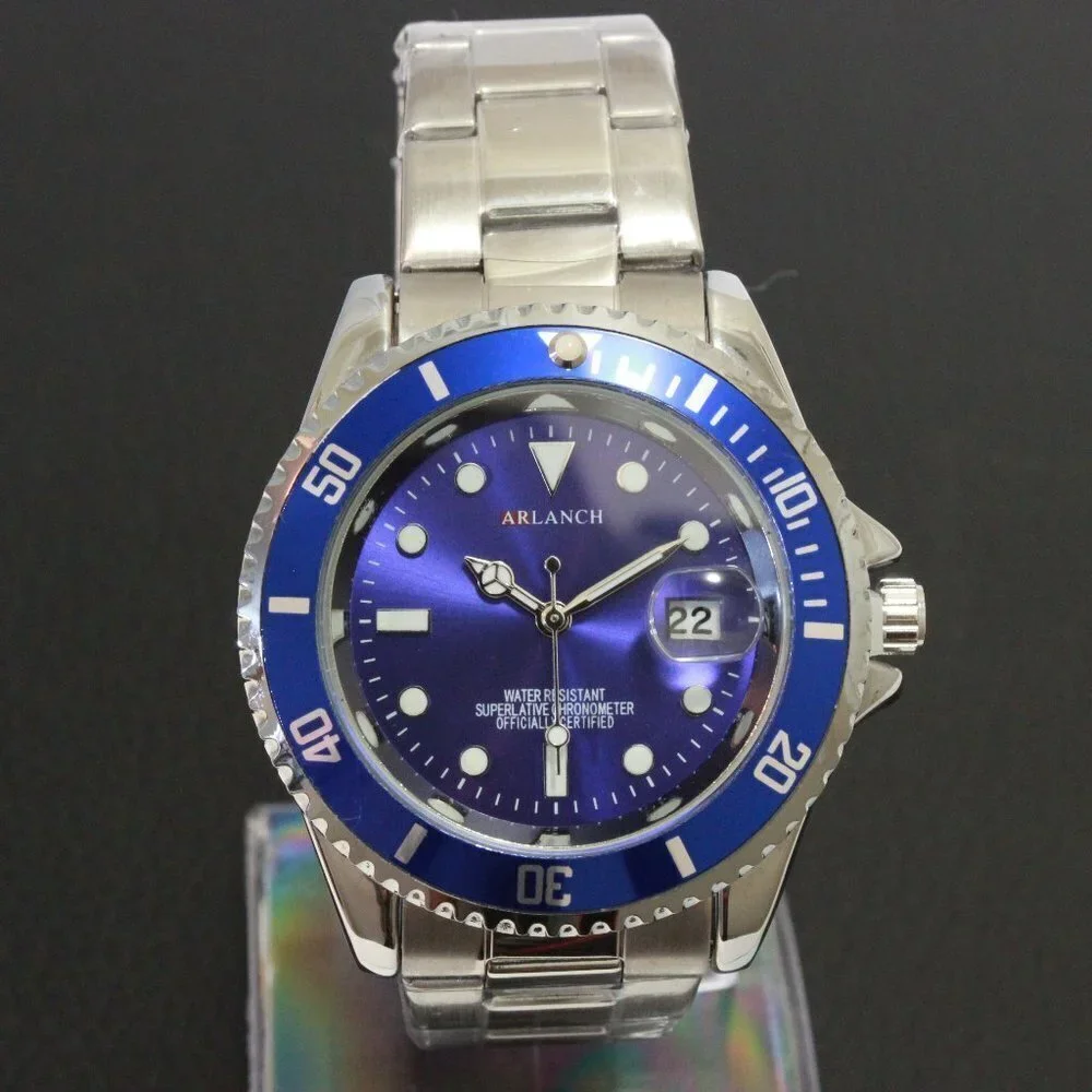 Men's Diver Style Watch Blue Uni-directional Bezel Stainless Bracelet 40mm